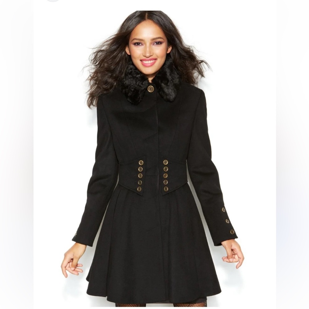 Betsey Johnson Black Coat with Faux-Fur Collar
